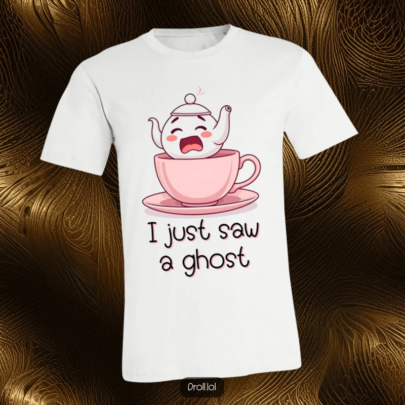 Funny Startled Teapot T-Shirt: A shocked teapot character comically jumping out of a teacup, showcasing a funny, surprising moment.