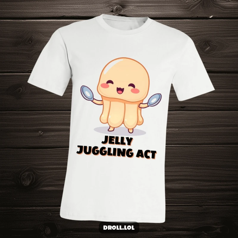Funny jelly t-shirt depicting a wobbly jelly trying to juggle three tiny spoons with a comical, determined look.