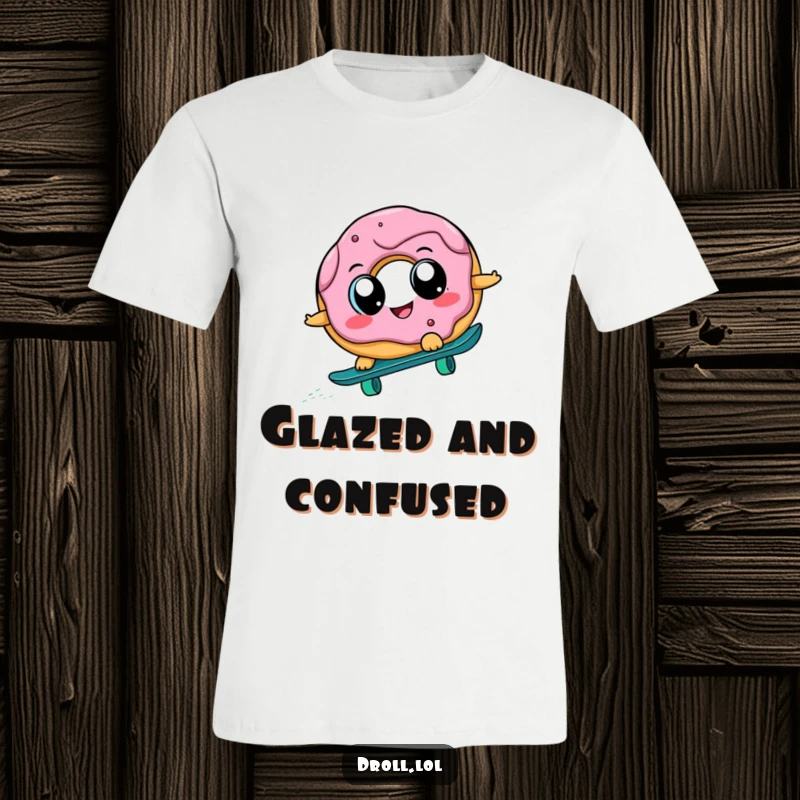 Funny cheerful donut with big eyes attempting to skateboard downhill, captured in a moment of hilarious action, on a comfortable graphic tee.