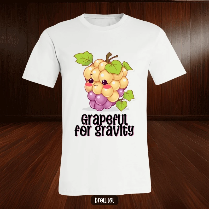 Funny t-shirt: A grape blushing red after tripping over its own vine, conveying adorable embarrassment.
