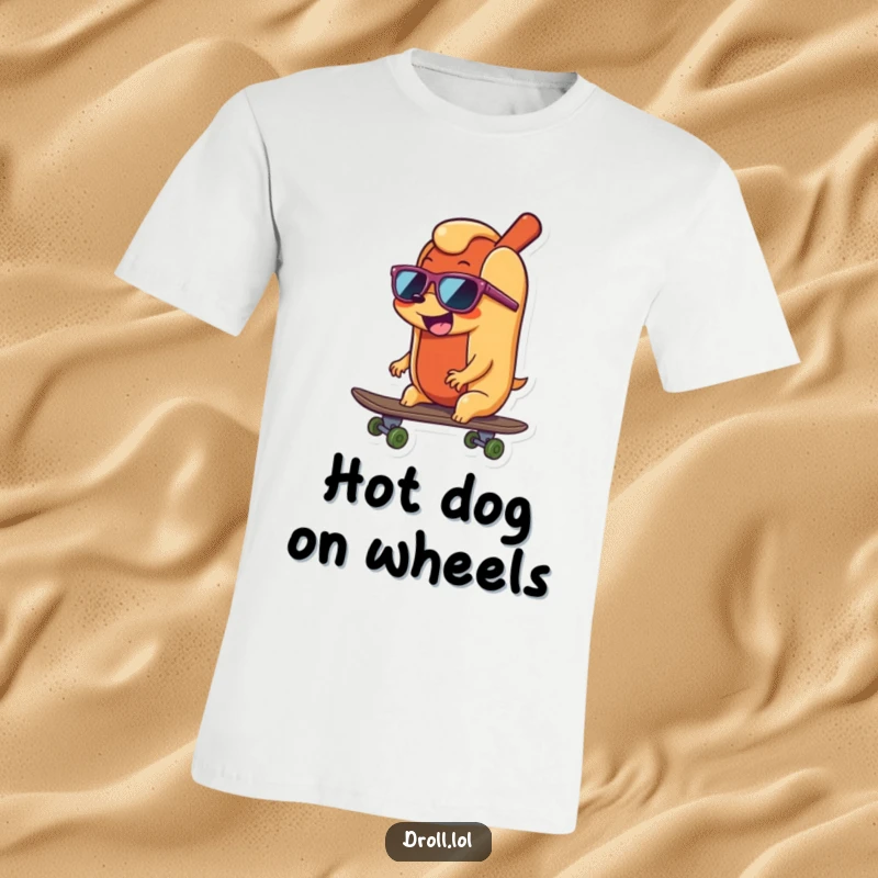Funny happy, wiggling hot dog wearing sunglasses, cooly riding a skateboard on a vibrant t-shirt.