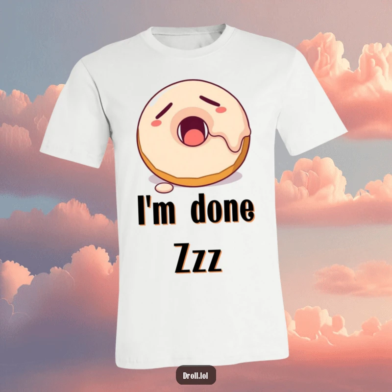 Funny sleepy donut with melting frosting yawning widely, printed on a comfortable and humorous graphic t-shirt.