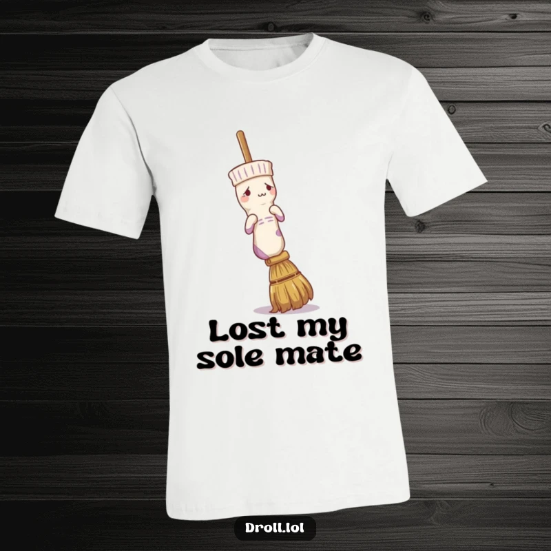Funny t-shirt with a confused sock trying to put itself on a broom, a comical depiction of everyday mishaps.