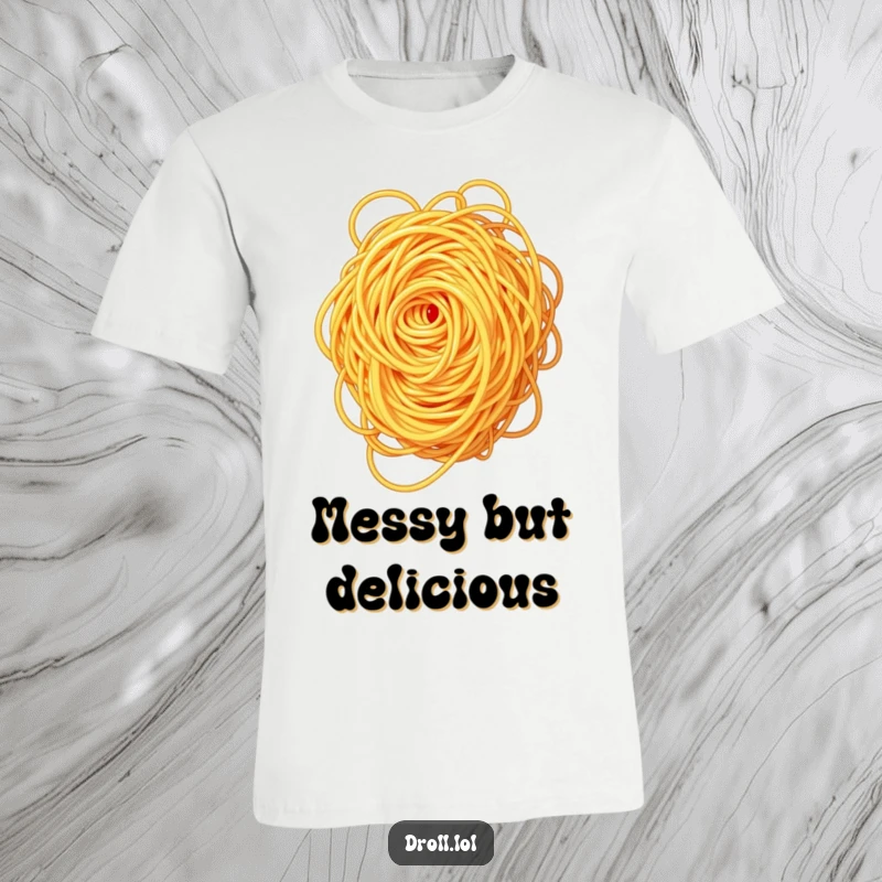 Funny spaghetti swirl t-shirt, depicting a chaotic tangle of spaghetti trying to find order.
