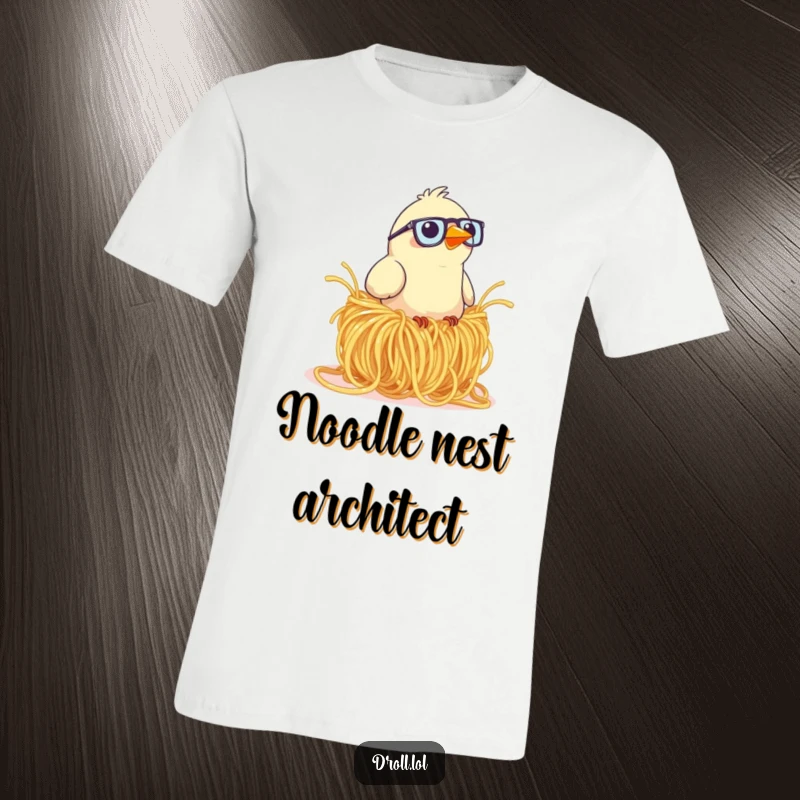 Funny t-shirt depicting a bird with glasses attempting to weave a nest from oversized, slippery spaghetti strands.