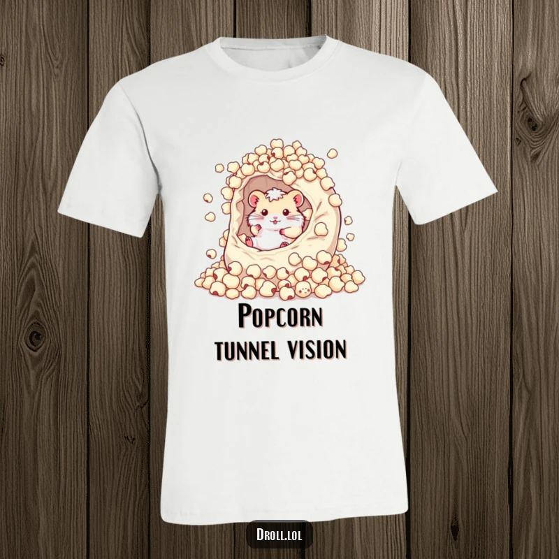 Funny t-shirt depicting a delighted hamster submerged and rolling in a massive, overflowing bag of popcorn kernels, showcasing pure joy.