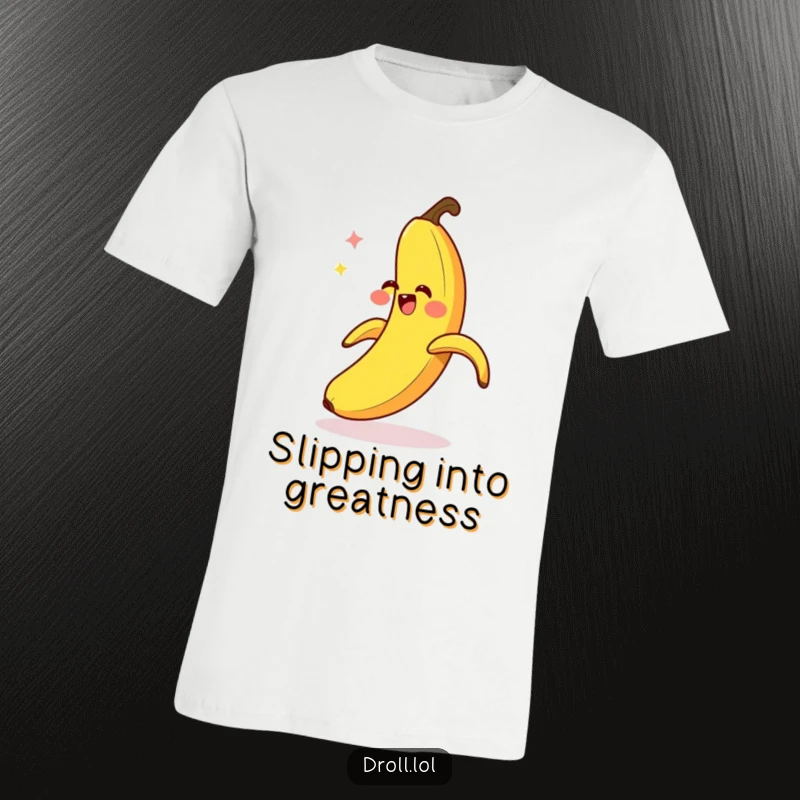 Funny Banana Slip T-Shirt: A giggling banana peel hilariously slips on its own peel, showcasing pure comedic misfortune.