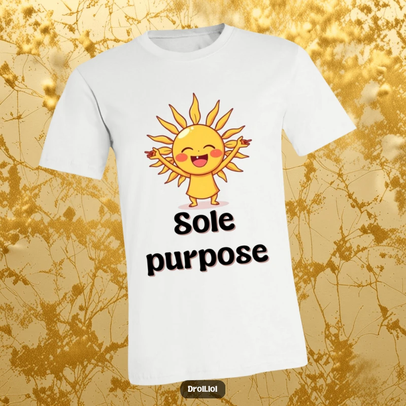 Funny laughing sun t-shirt, showing a happy sun stretching its rays into yoga poses, full of energy.