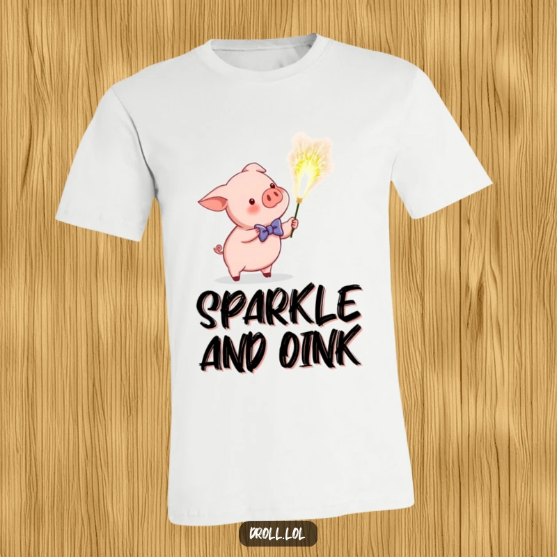 Funny t-shirt showing a dapper piglet in a bow tie accidentally setting off a huge, glowing sparkler, radiating festive humor.