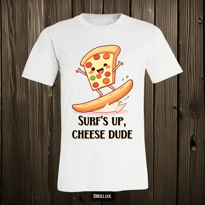 Funny t-shirt featuring a cheerful pizza slice surfing with gusto on a massive breadstick, a truly comical food adventure.