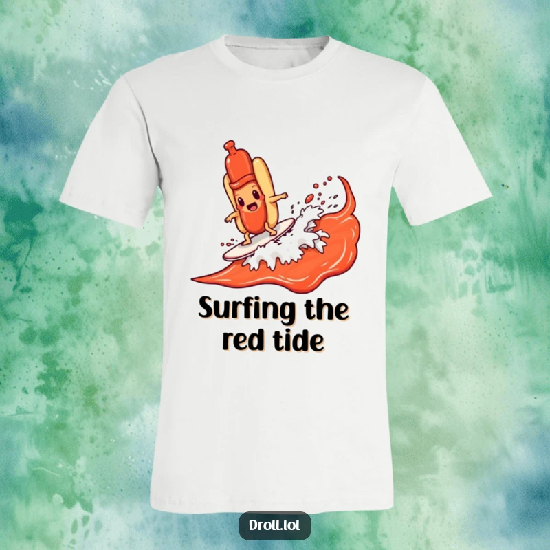 Funny hot dog character heroically surfing a giant ketchup wave, bringing a hilarious and action-packed vibe to this t-shirt.