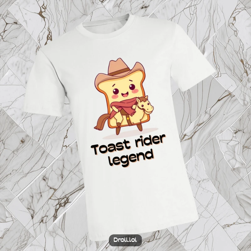 Funny Cowboy Bread T-Shirt: A smiling bread slice as a cowboy riding a butter pat, western style.