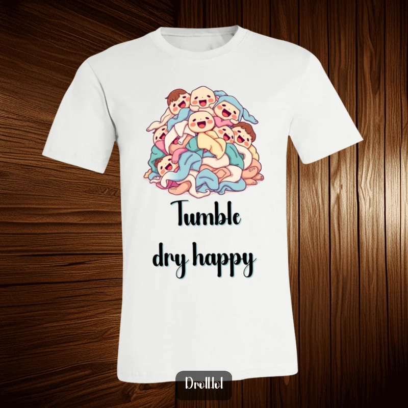 Funny laundry pile t-shirt featuring a stack of clean clothes tumbling joyfully, with cartoon faces on them.