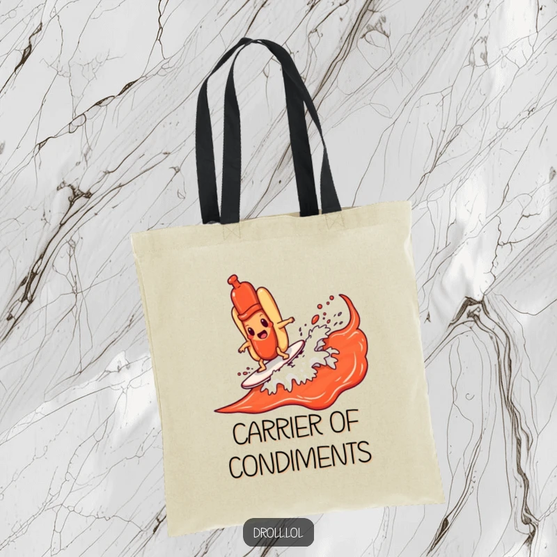 Funny hot dog character catching a massive ketchup wave, depicted on a tote bag for a hilarious and practical accessory.