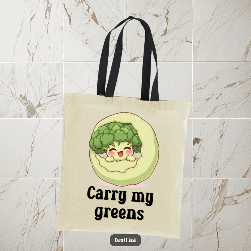 Funny giggling broccoli hiding inside a surprised vegetable design on a tote bag, a humorous and practical accessory for garden enthusiasts.