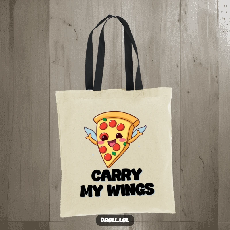 Funny happy pizza slice with pepperoni wings flying on a tote bag, a humorous and practical accessory for pizza fans.
