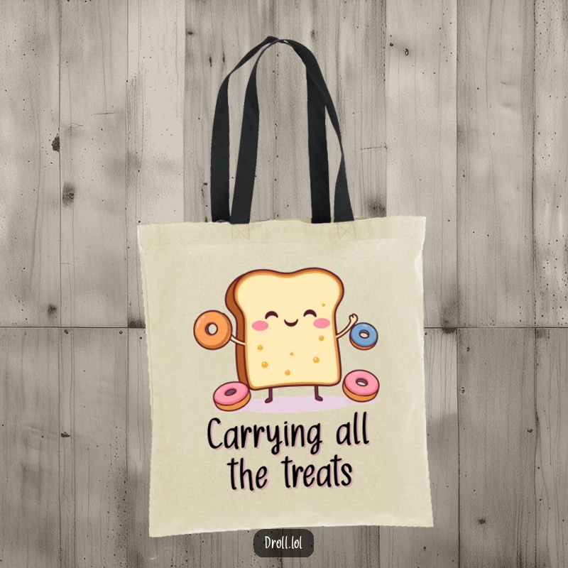 Funny tote bag with a happy slice of toast juggling colorful donuts, perfect for everyday use.