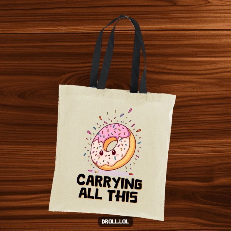 Funny tote bag showcasing a donut character in a dramatic fall, with colorful sprinkles bursting around it. A fun and sweet design for everyday use.