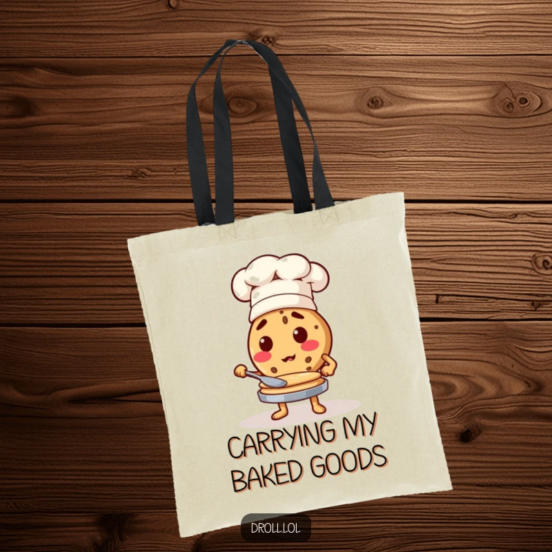 Funny cookie chef character flipping pancakes, a humorous and practical tote bag for foodies.