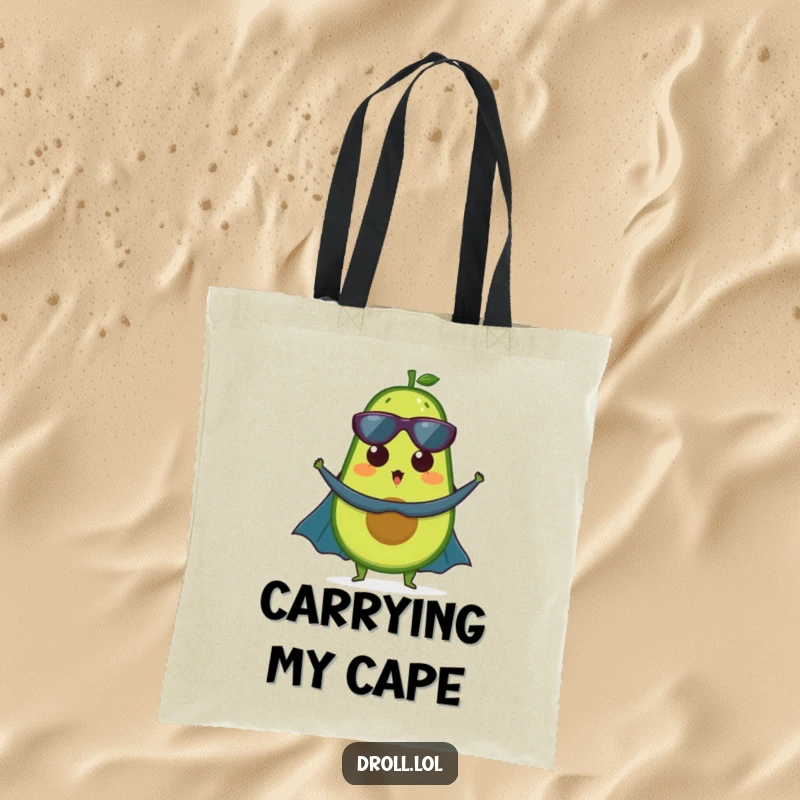 Funny tote bag: A surprised avocado superhero, cape fluttering, ready to carry essentials with healthy, humorous flair.