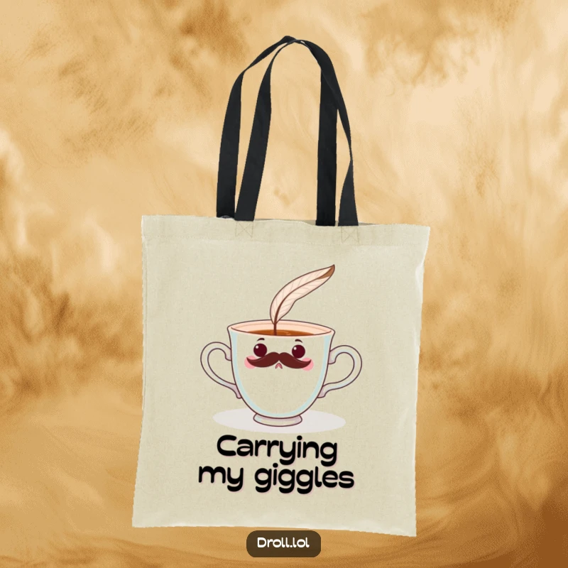 Funny surprised teacup with a mustache being tickled by a feather on a tote bag. Whimsical and practical.