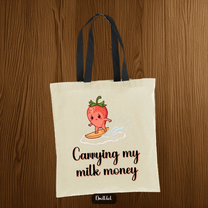 Funny strawberry tote bag showing a determined strawberry surfing a milk wave, a stylish and humorous accessory for carrying daily items.