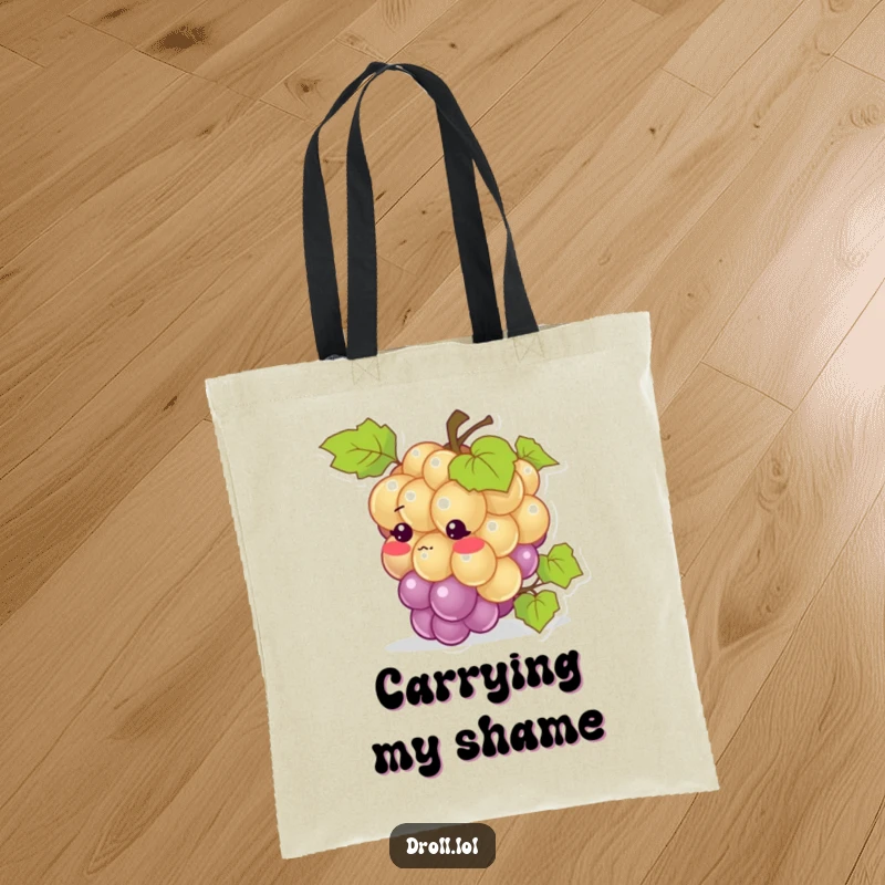 Funny tote bag: A blushing grape tripping over its vine, designed for carrying goods with adorable, humorous flair.