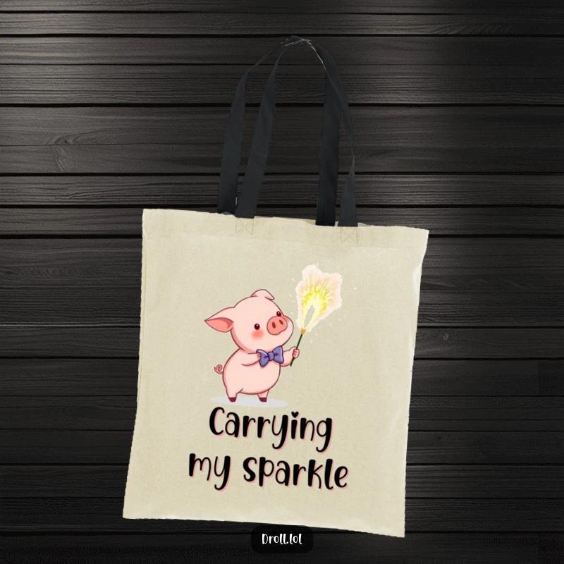 Funny tote bag illustrating a well-dressed piglet accidentally igniting a giant, dazzling sparkler, showcasing a humorous party moment.