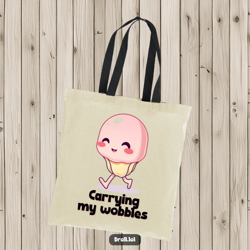 Funny tote bag illustrating a wobbly jelly character with an uncontrollable wobble, perfect for a humorous carry-all gift.