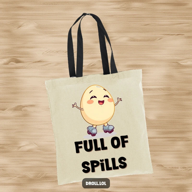 Funny tote bag print: a giggling egg on roller skates comically falling, illustrating a moment of pure, clumsy amusement.