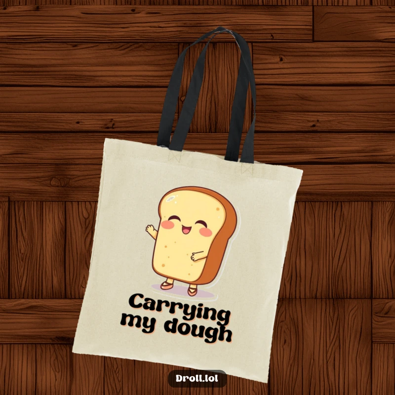 Funny giggling bread loaf in tiny ballet shoes, dancing gracefully, printed on a charming tote bag.
