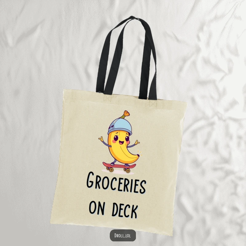 Funny Tote Bag: A happy banana peel wearing a helmet rides a skateboard. Humorous and functional accessory.