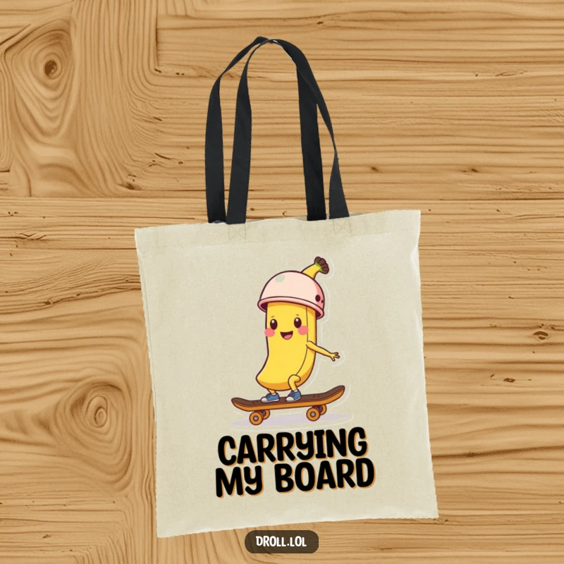 Funny Banana Skater Tote Bag: A happy banana peel in a helmet rides a skateboard, ready for adventure and groceries.