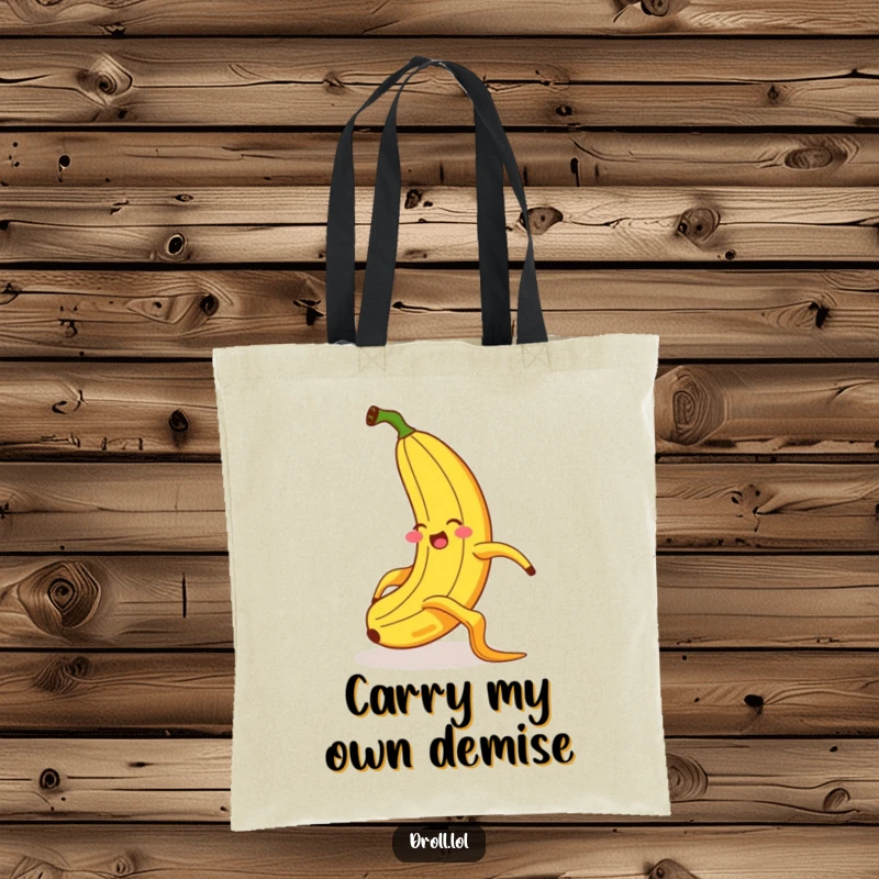 Funny tote bag depicting a giggling banana spectacularly slipping on a banana peel with over-the-top, exaggerated body language and a comical expression.