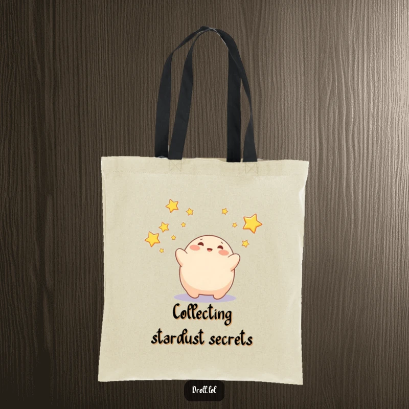 Funny tote bag featuring a playful blob character trying to catch sparkling falling stars, a whimsical accessory.