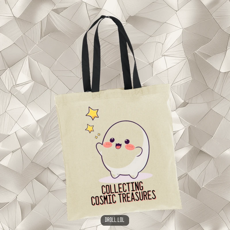 Funny blob character joyfully attempting to catch falling stars, a stylish and humorous tote bag.