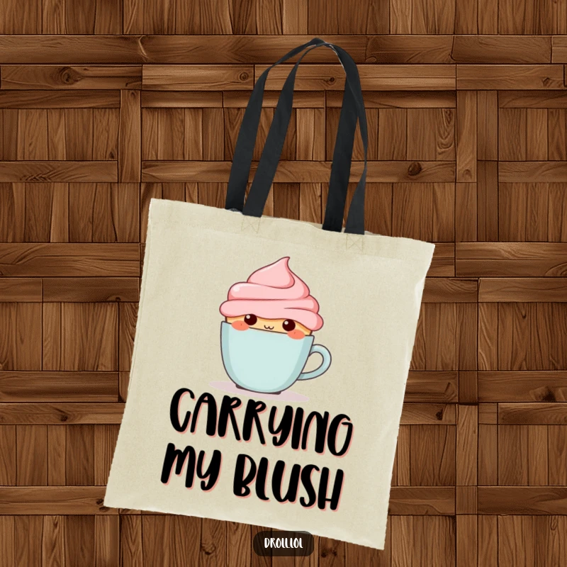 Funny blushing cupcake hiding behind a tiny coffee cup, featured on a durable and humorous tote bag.