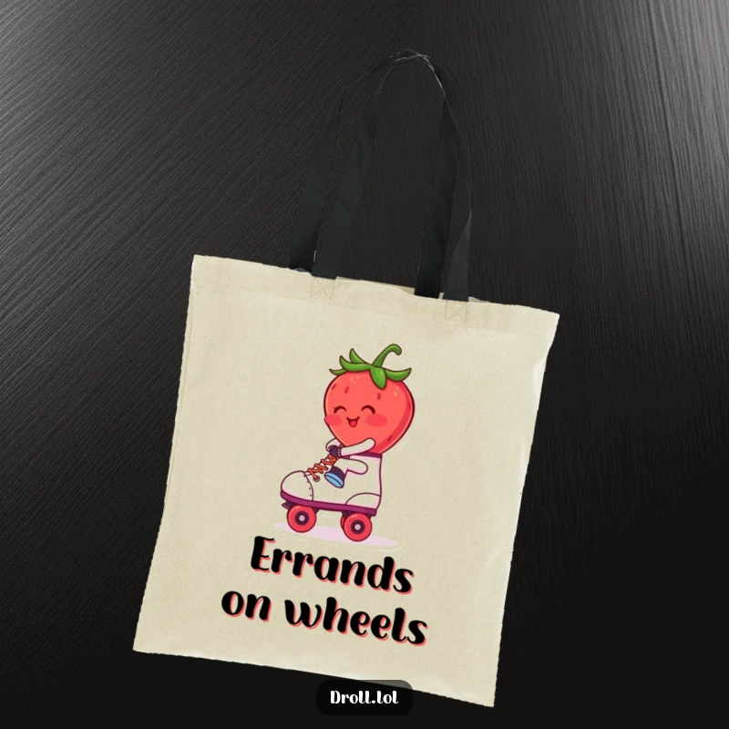 Funny Tote Bag: A blushing strawberry comically riding a roller skate backwards. Whimsical and practical accessory.