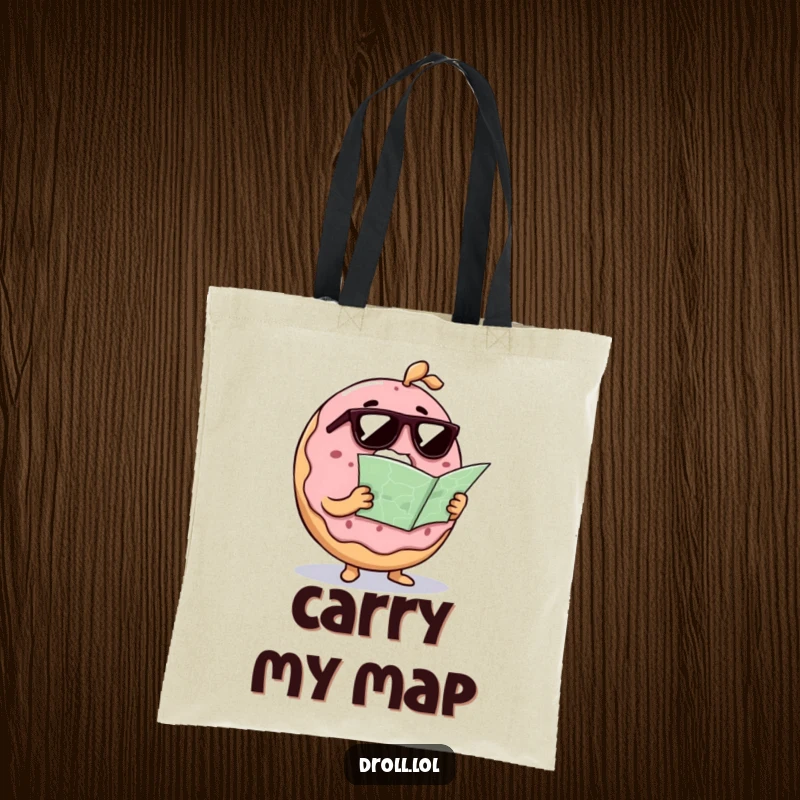 Funny donut wearing sunglasses attempts to read a map, printed on a tote bag, a humorous and practical accessory for lost souls.