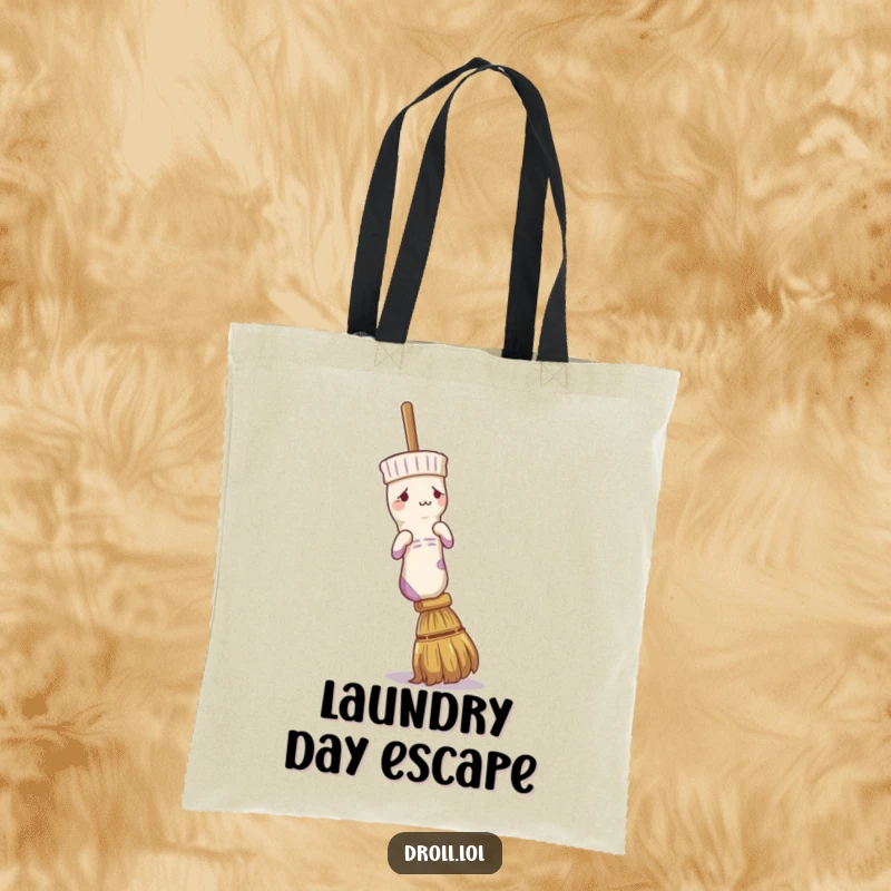 Funny tote bag showing a confused sock trying to get on a broom, a humorous carry-all for life's mix-ups.