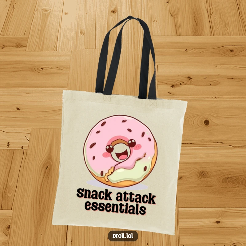 Funny tote bag showcasing a donut trying to eat a cookie, a humorous and practical accessory for daily life.