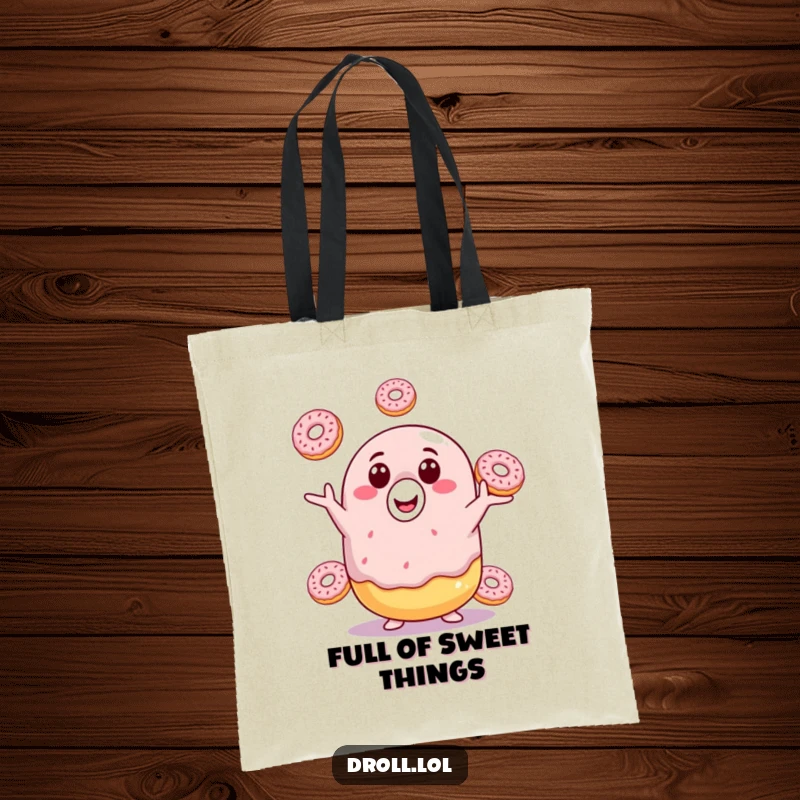 Funny donut tote bag depicting a smiling donut masterfully juggling three smaller donuts, a symbol of cheerful multitasking and sweet style.