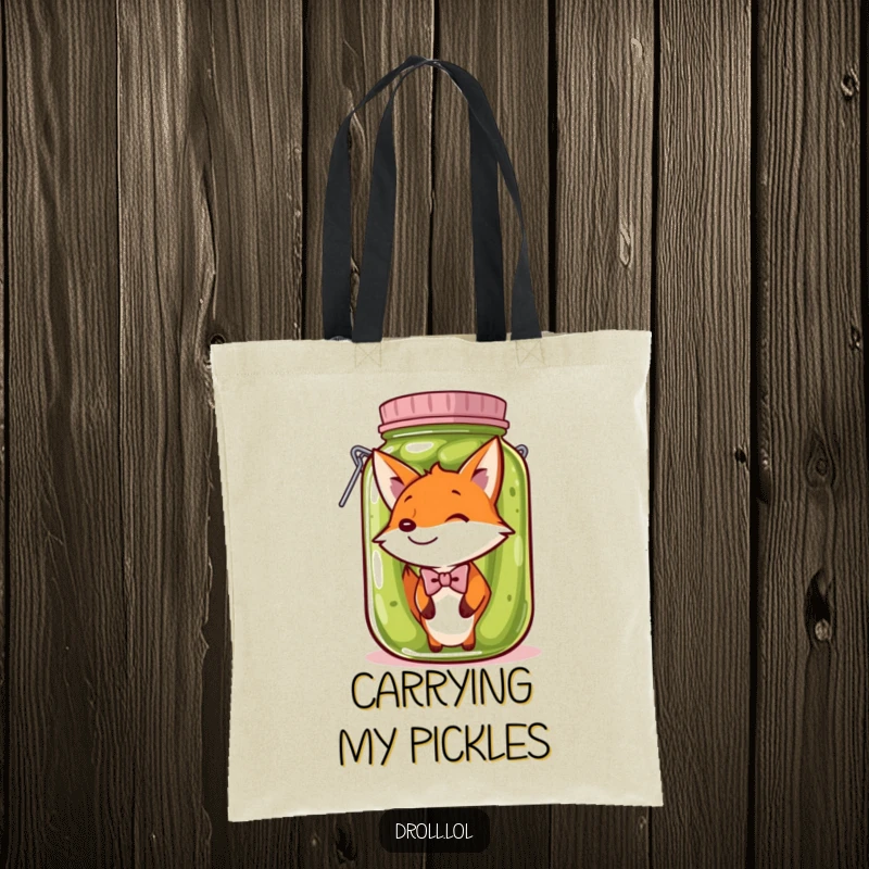Funny Tote Bag: A fox in a bow tie stuck in a pickle jar brings quirky, hilarious charm to this practical and fun tote.