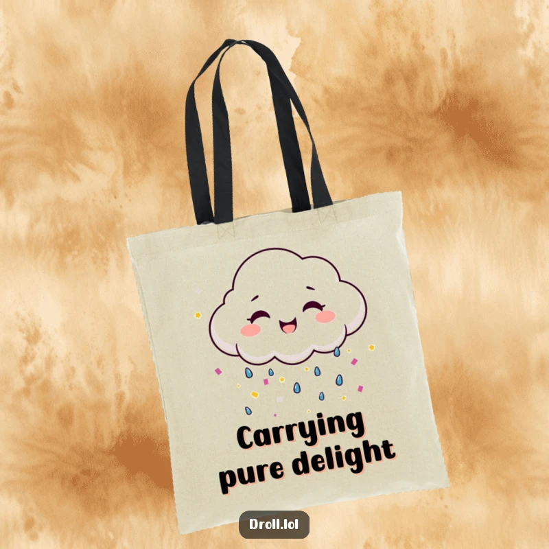 Funny smiling cloud raining colorful confetti, a humorous and practical tote bag.