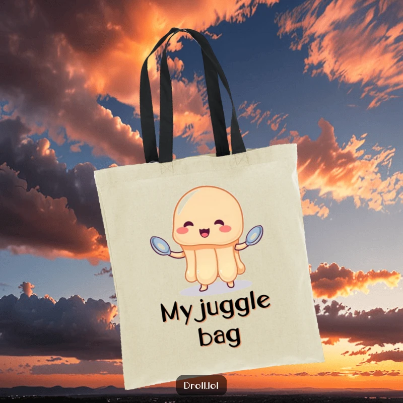 Funny jelly tote bag showing a wobbly jelly attempting to juggle spoons, perfect for carrying items with a smile.