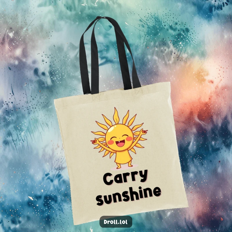 Funny laughing sun tote bag, spacious and durable, featuring a sun stretching its rays into yoga poses.