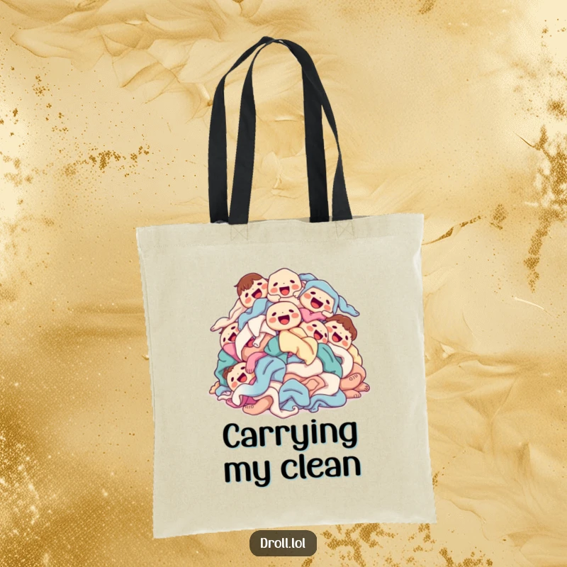 Funny laundry pile tote bag displaying a pile of clean clothes with happy faces, tumbling joyfully, ready for transport.