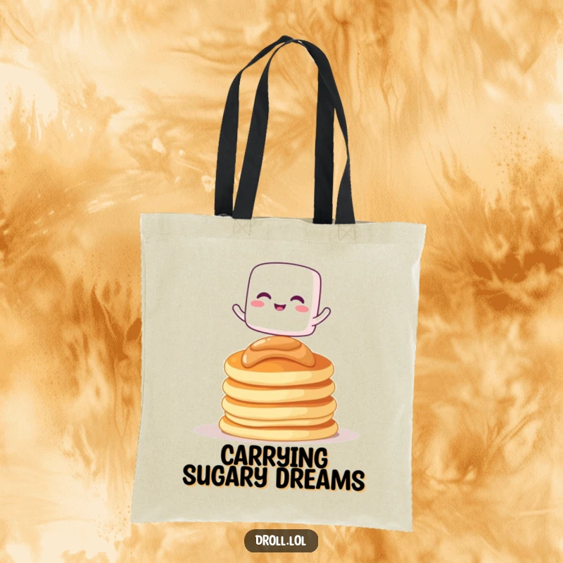 Funny tote bag with a giggling marshmallow character balancing on pancakes, ideal for shopping and daily use.