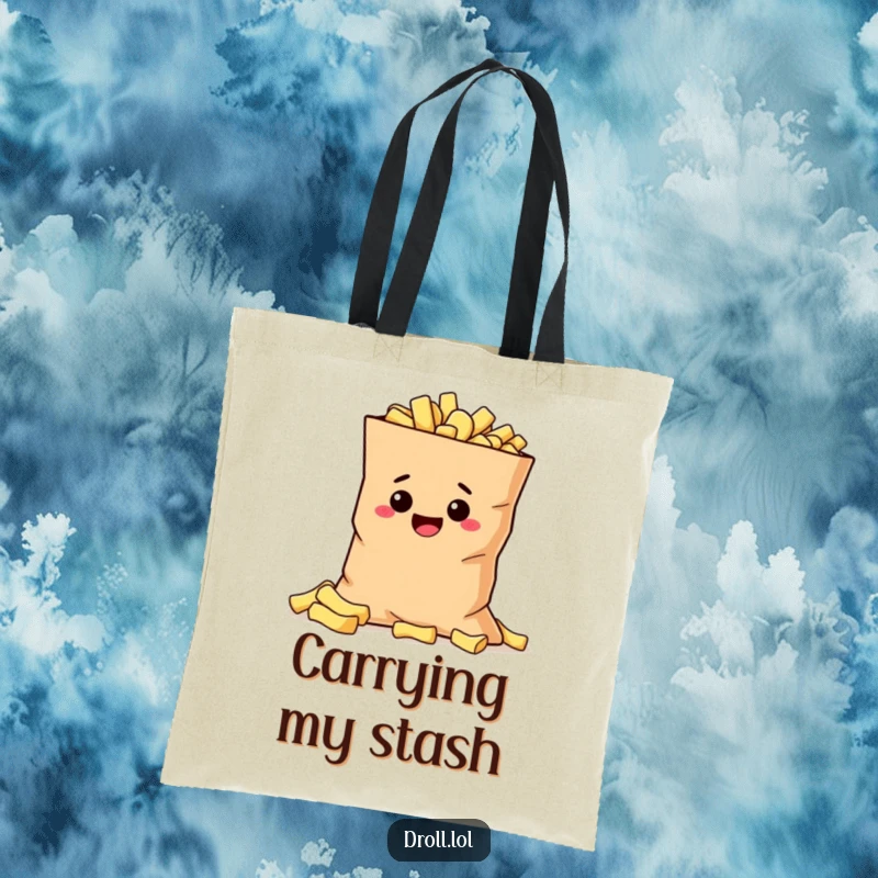 Funny mischievous potato hiding behind a giant bag of chips, featured on a durable and humorous tote bag.