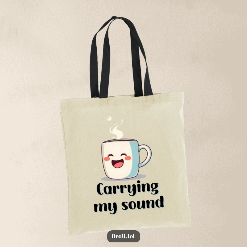 Funny tote bag showcasing a coffee mug performing opera with a steam stream, durable and humorous accessory.